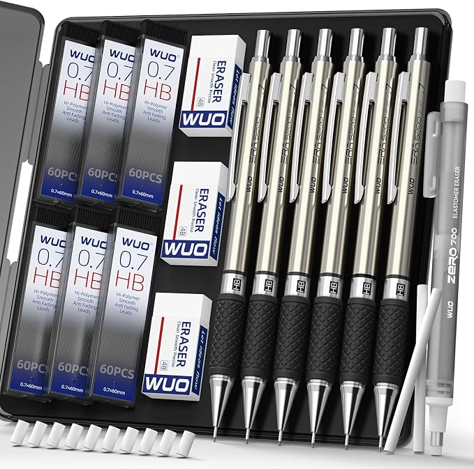 WUO 0.7mm Mechanical Pencil Set in Storage Case, 1 Eraser Pen, 12 Eraser Refills by WUO