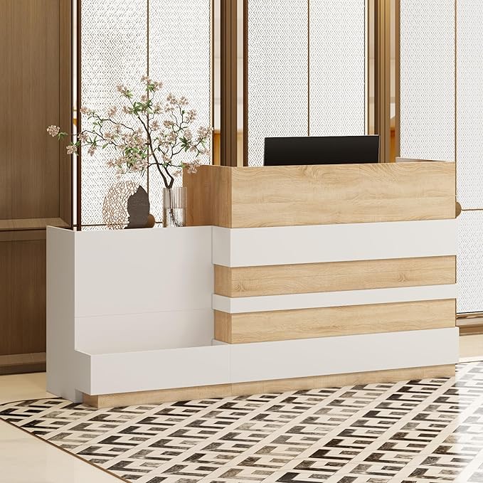 ECACAD Oak & White Reception Desk with Keyboard Tray, Retail Counter with Cabinet, Checkout Counter Table for Office Clinic Retail Lobby Salon-DeskLoop Office