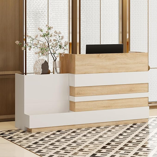 ECACAD Oak & White Reception Desk with Keyboard Tray, Retail Counter with Cabinet, Checkout Counter Table for Office Clinic Retail Lobby Salon-DeskLoop Office