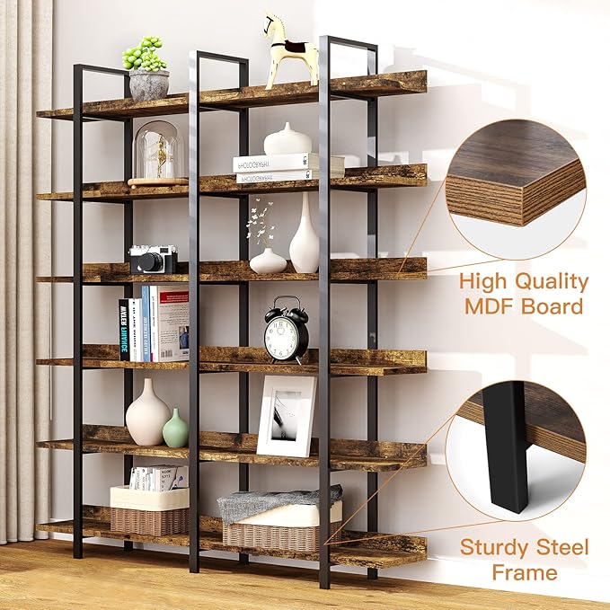 FRAPOW 83Inch Industrial Bookshelf and Bookcase, Double Wide 6 Tier Large Vintage Book Shelf with Metal Frame Open Bookshelves for Living Room Home Office-DeskLoop Office