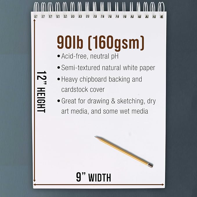 U.S. Art Supply 9”x12 Premium Heavy-Weight Paper Spiral Bound Sketch Book: 90 - Image 3