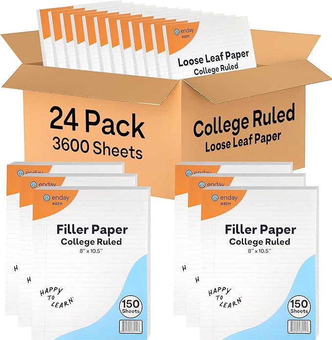 Loose Leaf Paper Bulk, 3600 Sheets, College Ruled, (24 Pack) 150 Sheets Per Pack, 8" x 10.5" White Filler Paper, 3 Hole Punched Binder Paper for 3 Ring Binders, Notebook Paper - By Enday-DeskLoop Office