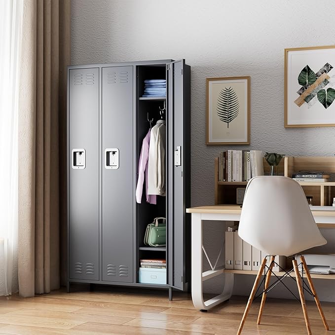 Metal Storage Locker with 3 Doors,Metal Locker for Employees with 9 Hooks for School Garage Office Gym Home,Assembly Required,Dark Grey-DeskLoop Office