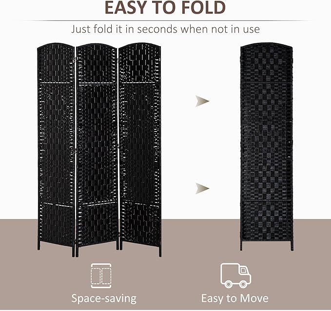 HOMCOM Room Divider, 3 Panel Folding Privacy Screen, 6FT Tall Portable Wicker Weave Partition Wall Divider for Bedroom, Home Office, Black-DeskLoop Office