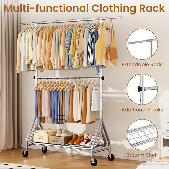 Heavy Duty Clothes Rack for Hanging Clothes, Double Rods Clothing Rack with Lockable Wheels, Rolling Garment Racks with Shelf, Easy to Assemble, Silver-DeskLoop Office