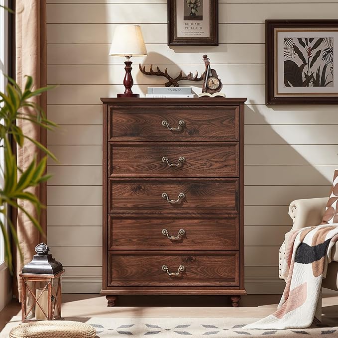 Farmhouse 5 Drawer Dresser for Bedroom, 45" Tall Rustic Chests of Drawers w/ 4 Solid Wood Feet, Mid Century Modern Wooden Closet Storage Dressers Organizer for Living Room, Hallway, Brown-DeskLoop Office