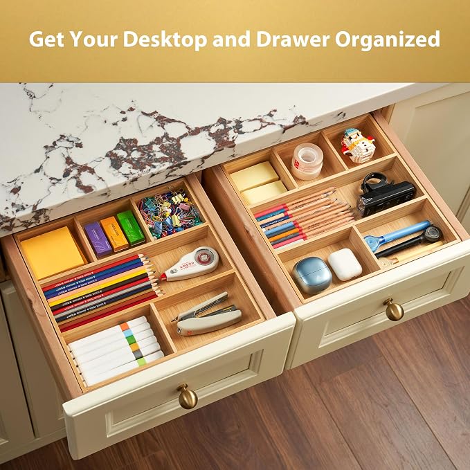 Umilife Bamboo Desk Drawer Organizer, Wood Office Junk Tray - Image 4