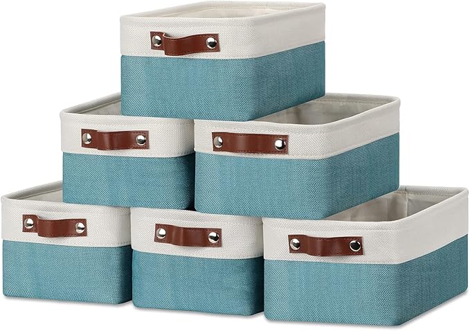 DULLEMELO Storage Baskets Bins for Organizing, Small Fabric Baskets for Shelves, Closets, Nursery, Home, Office, Empty Gift Baskets (6-Pack, White&Teal)-DeskLoop Office
