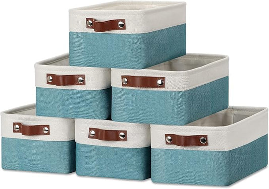 DULLEMELO Storage Baskets Bins for Organizing, Small Fabric Baskets for Shelves, Closets, Nursery, Home, Office, Empty Gift Baskets (6-Pack, White&Teal)-DeskLoop Office