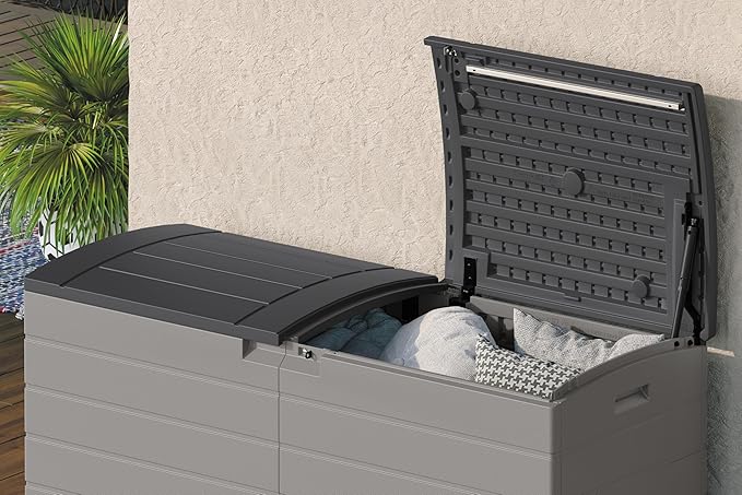 Suncast 120-Gal. All-Weather Patio Deck Box with Pad-Lockable Split Top Lid, Extra-Large Outdoor Storage Unit for Patio Furniture and Grill Tools, Made in the USA-DeskLoop Office