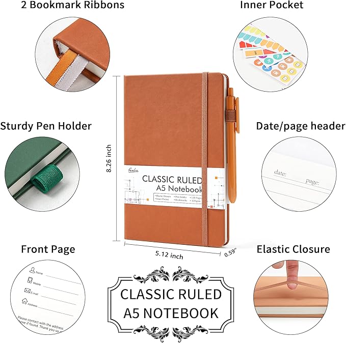 feela Journal Notebook Bulk for School, Hardcover Business Classic Ruled Lined Journals with Pen Holder for Work Office Journaling, with 5 Black Pens, 120 GSM, 5.1”x8.3”, 5 Pack, A5, Vintage Colors-DeskLoop Office