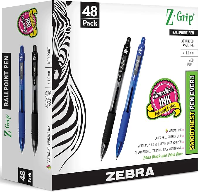 Zebra Pen Z-Grip Retractable Ballpoint Pen, Medium Point 1.0mm, 24 Black & 24 by ZebraPen