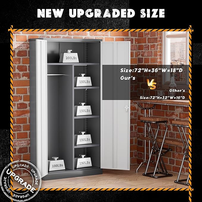 Greenvelly Metal Storage Cabinet with 2 Doors, 72” Steel Storage Wardrobe Cabinet, Employees Locker Closet Clothing Coat Steel Wardrobe Cabinet with Hanging Rod for Garage, Home Office (Grey White)-DeskLoop Office