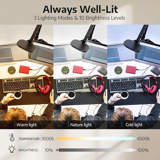 Desk Lamp for Computer Monitor Arms, Compatible with 1.18-1.38 inch Diameter Pole-Mounted Dual Monitor Stand, 1200LM Dimmable Desk Light with Remote Control, 31" Tall, CRI 95, Timer-DeskLoop Office