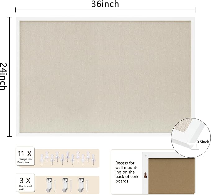 DAHAPYBOO Cork Board with Linen White, Bulletin Board 36"x24" | Hanging - Image 2