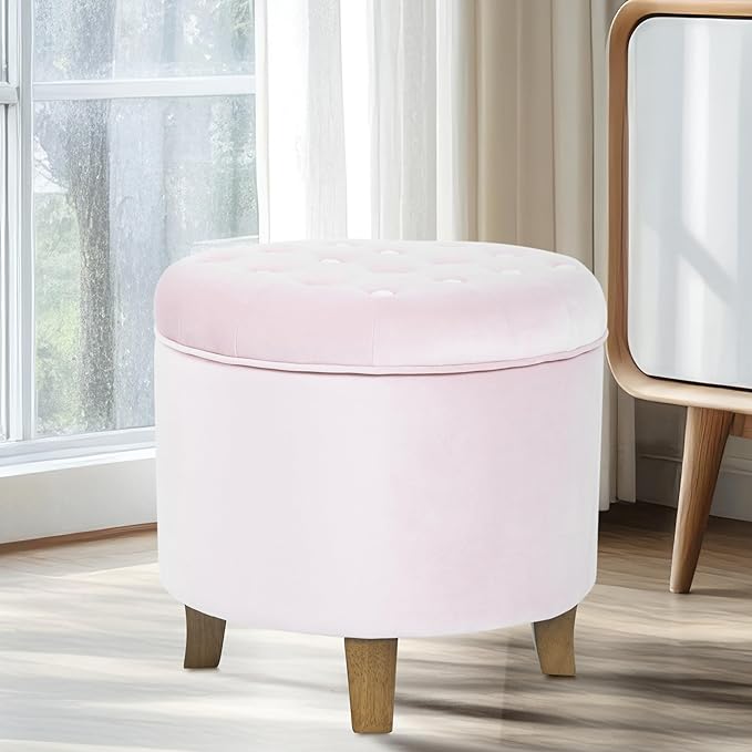 HomePop by Kinfine Fabric Upholstered Round Storage Ottoman - Velvet Button Tufted Ottoman with Removable Lid, Pink, Small-DeskLoop Office