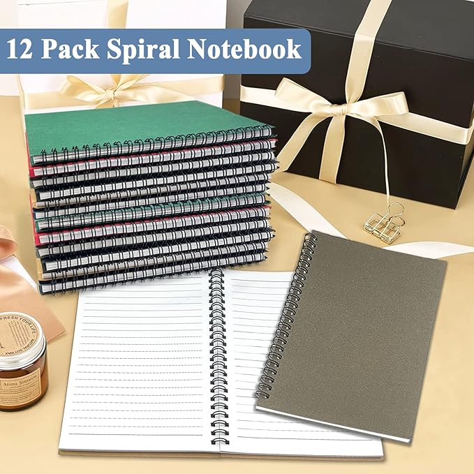 GINMLYDA Small Spiral Notebook 12Pack, 120 Lined Pages 8.25x5.50 Inches Spiral Journal Kraft Cover Notebooks & Writing Pads for School Home Office Aesthetic Sketch Drawing Note-DeskLoop Office