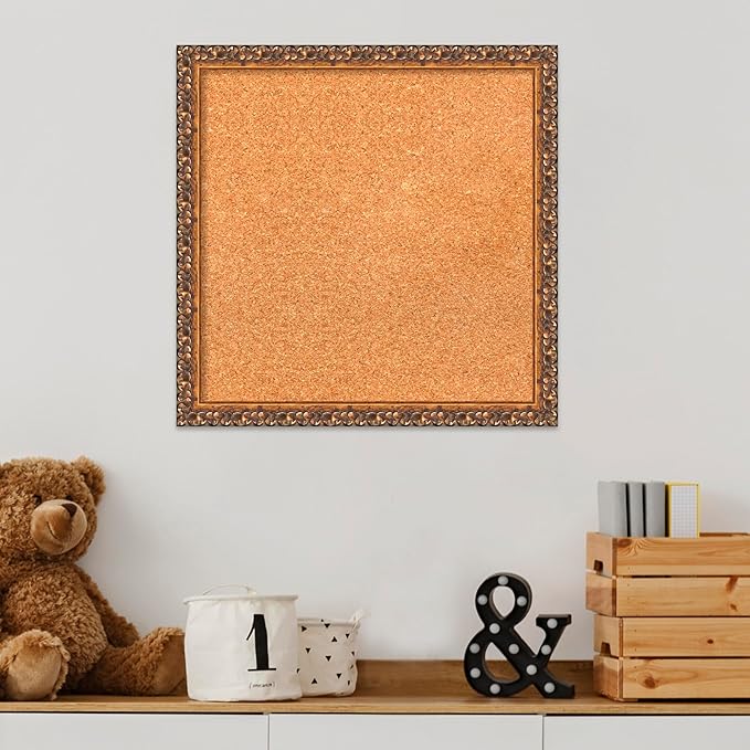 Amanti Art Natural Cork Board for Wall, 18x18 Vision Board with Bronze Frame, Small Corkboard Office Decor for Home Organization, Traditional Corkboard Pinboard to Display Items for Home Organization-DeskLoop Office