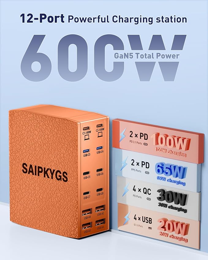 Charging Station (600W),12-Port USB C Charger Block with Dual 100W PD USB-C Fast Charging Station Hub for MacBook Pro/Air/All iPad iPhone 17/16 15/14/13/Pro Max/Samsung Galaxy Note(Orange)-DeskLoop Office