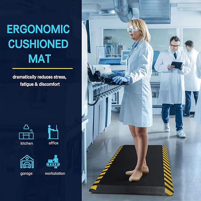 FEATOL Anti Fatigue Mats Industrial 8 Packs, Ergonomic Standing Floor Mat for Work for Stand, Black with Yellow Border Safety 20" x 32"-Support for Leg & Back Pain-DeskLoop Office