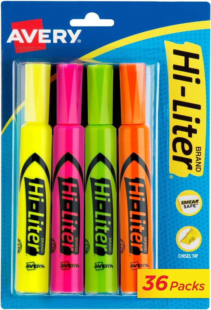 Avery Hi-Liter Desk-Style Highlighters, Smear Safe Ink, Chisel Tip, 4 by Avery