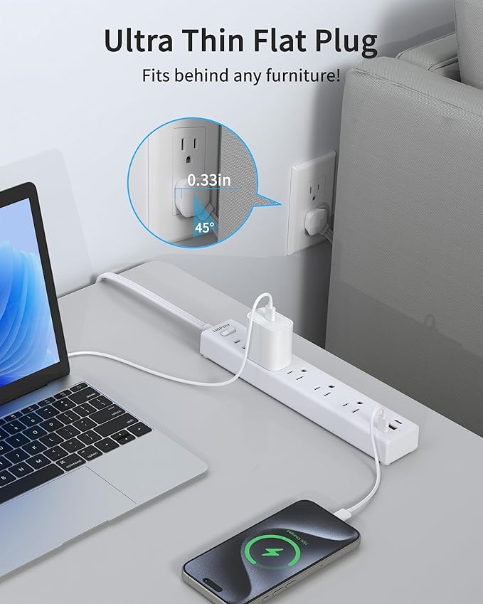 Flat Plug Power Strip, 6 Ft Ultra Thin Flat Extension Cord, Surge Protector with 5 Outlets & 3 USB Ports (2 USB C), 1700 Joules, Wall Mount, Desktop Charging Station for Home Office Dorm, White-DeskLoop Office