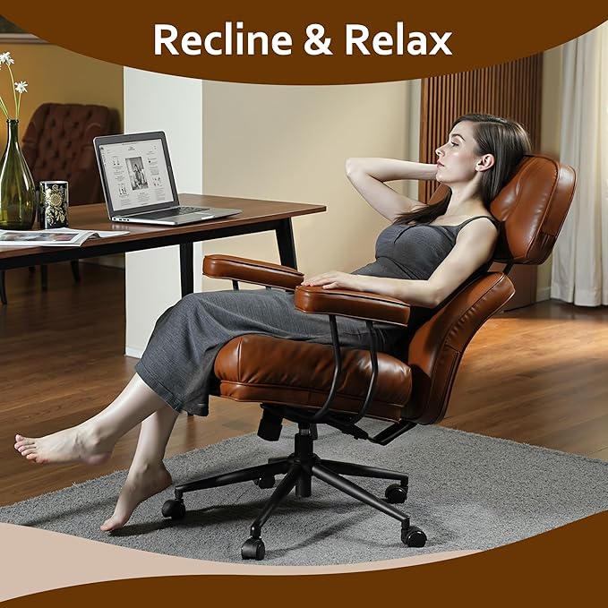 Faux Leather Executive Office Chair - Big and Tall Ergonomic Home Office Chair,Reclining Computer Desk Chair with Lumbar Support,Adjustable Task Chair Swivel Rolling PC Chair with Wheels,Browm,PU-DeskLoop Office