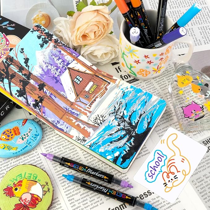 Betem Acrylic Paint Markers Paint Pens, 24 Colors Dual Tip Direct Liquid Acrylic Markers with Automatic Ink Control System, Fine & Brush Tip Art Supplies for Rocks, Wood, Stone, Fabrics, DIY Craft-DeskLoop Office