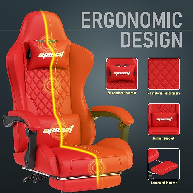 Gaming Chair,Ergonomic Computer Chairs for Adults with Footrest, PU Leather Office Chair with Adjustable Lumbar Support & Pocket Spring Cushion - Heavy Duty 400lb Capacity Gamer Chair (Red)-DeskLoop Office