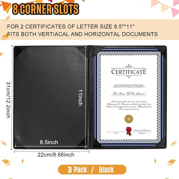 Tenare 3 Pcs Black Leather Certificate Holder 8.5 x 11" PU Phd Bachelor Master - Image 2