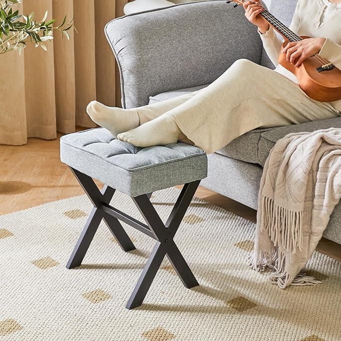 IBUYKE Square Makeup Stool with X-Leg Foot Rest, Linen Footrest, Ottoman Seat, Multi-Use as Small Side Table, for Bedroom, Living Room, Blue Gray LG-70L-DeskLoop Office