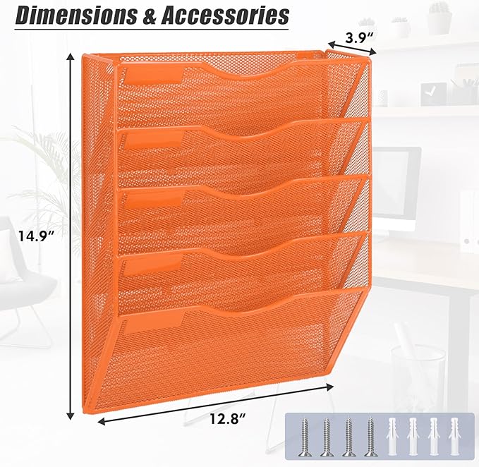 EASEPRES 5 Pocket Mesh Hanging Wall File Organizer, Wall Mounted Mail Paper Document Folder Holder, Clipboard Storage Organization Magazine Rack with Nametag Label for Office Home School, Orange-DeskLoop Office