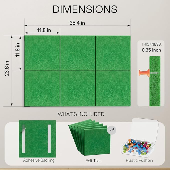 MaxGear Felt Bulletin Board 36" x 24", 6 Pack Emerald Green Felt Wall Tiles | - Image 3
