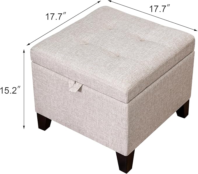 Adeco 18 Inch High Cube Ottoman Storage, Linen Chair Foot Stools, Upholstered Vanity Stool with Hinged Lid, Solid Wood Legs (Beige Grey)-DeskLoop Office