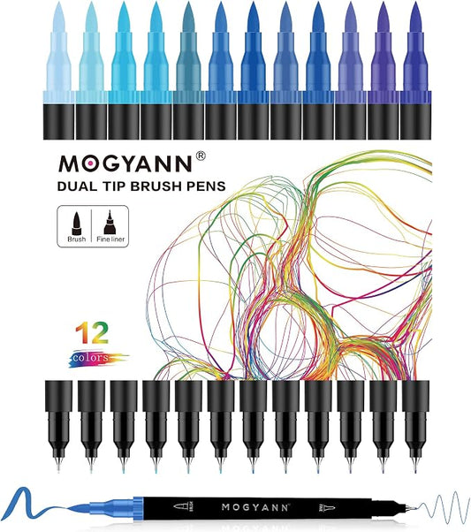 Blue Markers, 12 Pack Dual Brush Pens Drawing Markers by Mogyann