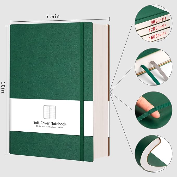 AHGXG Bullet Dotted Journal - 320 Pages Dot Grid Notebook B5 Large Journal, 100gsm Thick Dotted Paper, Leather Softcover, with Journal Stencils, Inner Pocket, 7.6'' X 10'' - Green-DeskLoop Office