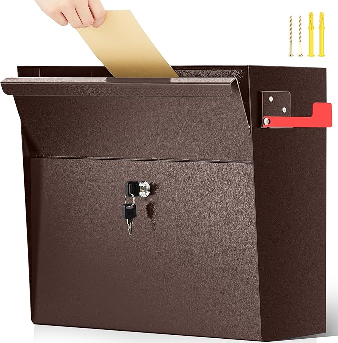 Extra Large Wall Mount Mailboxes for Outside 15.35 x 15 x 7 Inches Locking Security Mail Box Galvanized Steel Wall Mailbox Large Capacity Post Box with Key Lock and Reflective Stickers(Brown)-DeskLoop Office