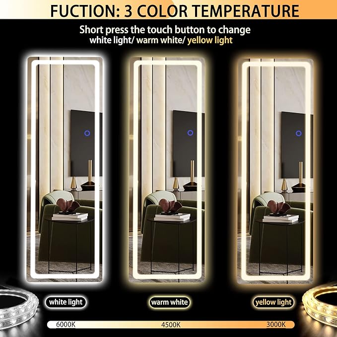Hasipu Full Length Mirror with Lights, 56" x 16" LED Floor Mirror, Full Body Dressing Standing, Hanging Mounted Mirror for Living Room Bedroom Cloakroom, Round White-DeskLoop Office
