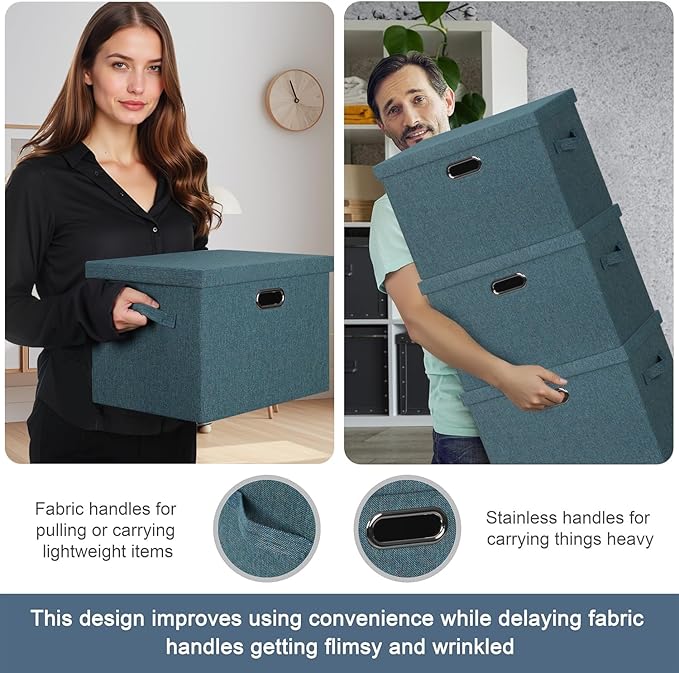 Large 17" 36 Quart Collapsible Stackable Storage Bins with Lids, 3 Packs Blue-Green Linen Fabric Closet Boxes with Lids, Storage Cube Baskets Container Organizers for Bedroom (17x12x11)-DeskLoop Office