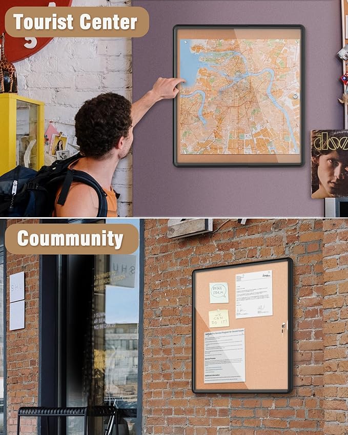 28"x26" Enclosed Bulletin Board, Lockable Weather-Resistant Aluminum Cork Noticeboard for School & Office, Black Frame w/Cork-DeskLoop Office