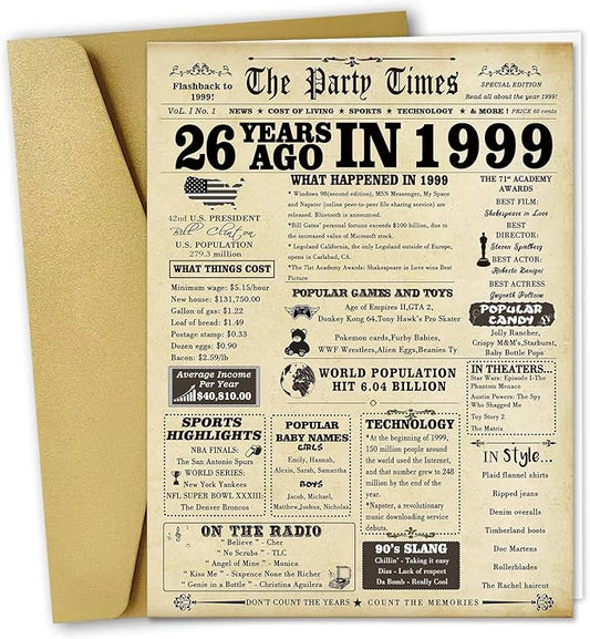 Large 26th Birthday Gift for Him Her,Funny 26 Year Old Birthday Vintage Greeting Card for Men Women, 26th Birthday Decoration for Husband Wife,Unique 26th Birthday Card