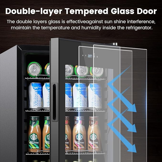 17 Inch Black Beverage Refrigerator Cooler, 96 Cans Mini Fridge with Glass Door&Lock, Beer Fridge for Soda Water or Wine, Drink Refrigerator for Home Office Bar Bedroom-DeskLoop Office