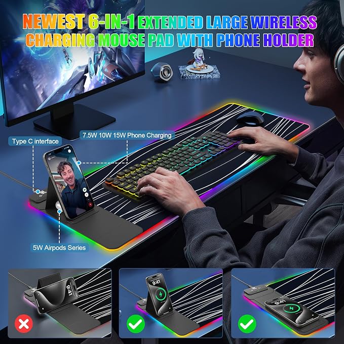 RGB Mouse Pad with Foldable Phone Stand Wireless Charger, 31.5"x11.8" XL Gaming - Image 3