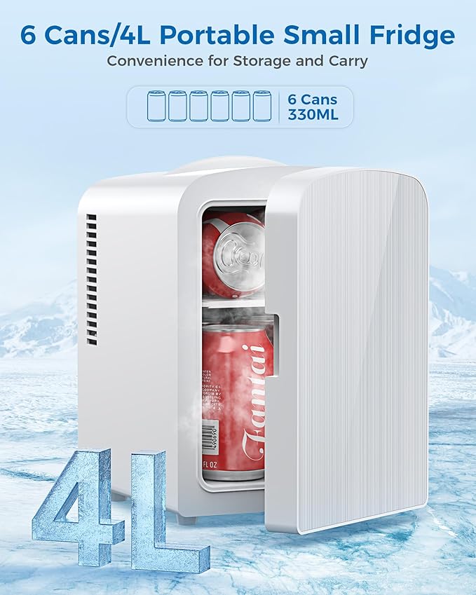 4L/6 Cans Mini Fridge, Portable Compact Refrigerator, Small Skin Care Fridge, Food and Drinks, Small Cooler for Bedroom, Dorm, Car, Office, White-DeskLoop Office