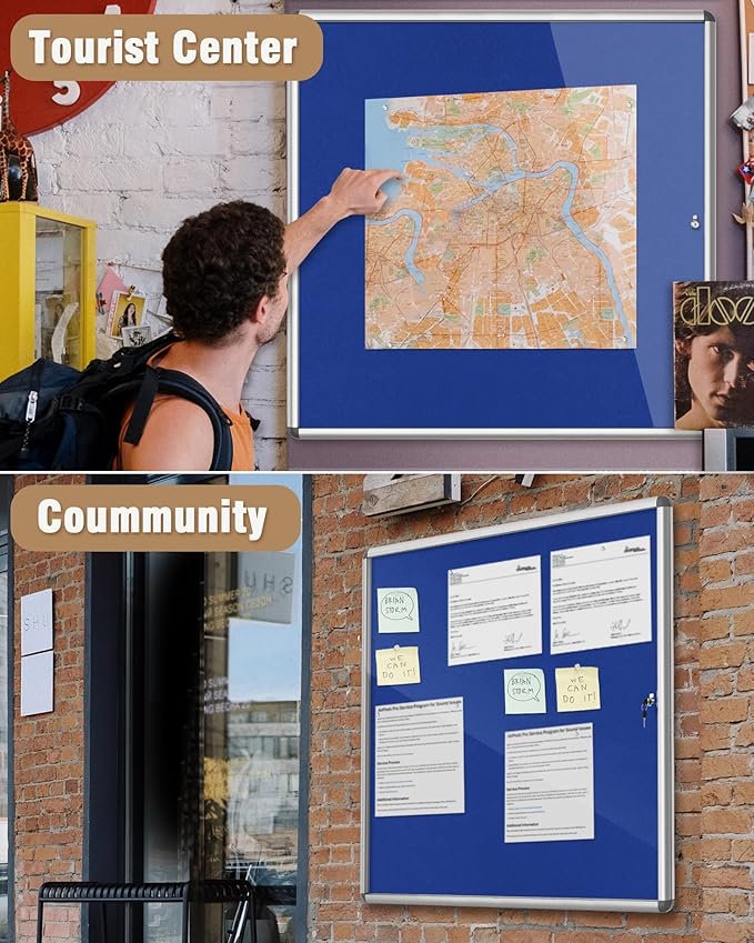 38"x38" Enclosed Bulletin Board, Lockable Weather-Resistant Aluminum Cork Noticeboard for School & Office, Silver Frame w/Blue Flet-DeskLoop Office