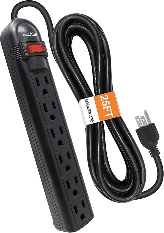 Digital Energy 6-Outlet Surge Protector Power Strip with 25-Ft Long Extension Cord, Black, ETL Listed/UL Standard-DeskLoop Office