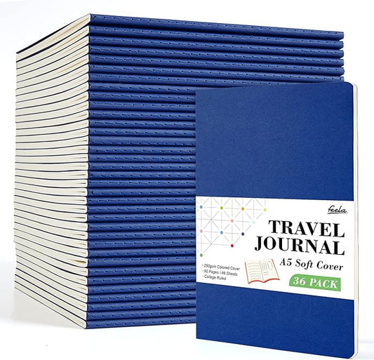 feela 36 Pack Soft Cover Journal Bulk, Lined Blank Travel Journal for Women Men Writing, Notebooks College Ruled for Work, Note Taking Notebook School Business Supplies, 8.2” x 5.5”, A5, Navy