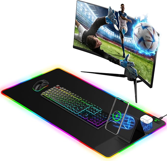 Mouse Pad with Foldable Phone Holder & Wireless Charger, XXL RGB Gaming by miroddi