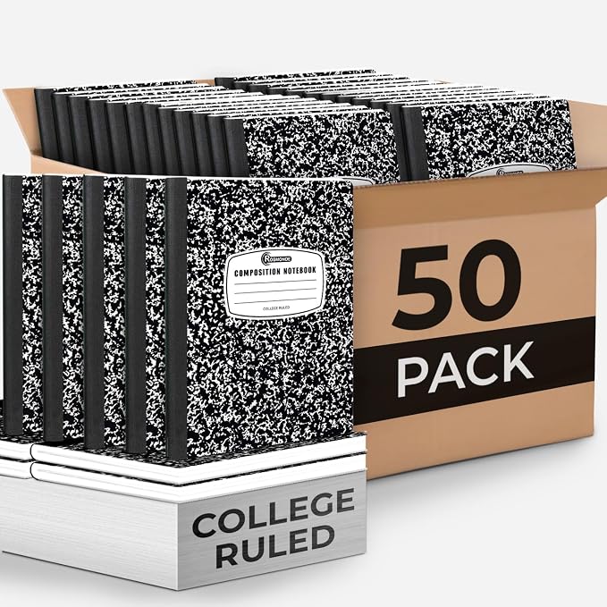 Rosmonde 50 Pack Bulk Composition Notebooks, 200 Pgs, 9-3/4 x 7-1/2, Hard Cover by Rosmonde