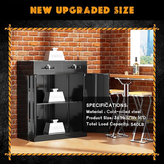 Greenvelly Metal Storage Cabinet with Drawers, 36' Black Steel Garage & Office Storage with Doors and Adjustable Shelves, Locking Metal Tool Cabinet-DeskLoop Office